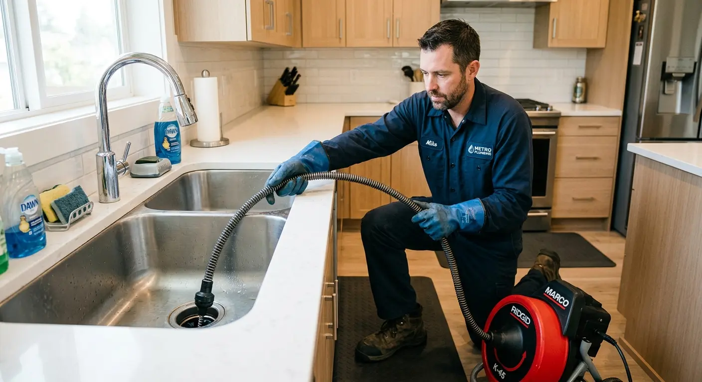 Drain cleaning technician using a motorized snake on a kitchen sink in Walworth