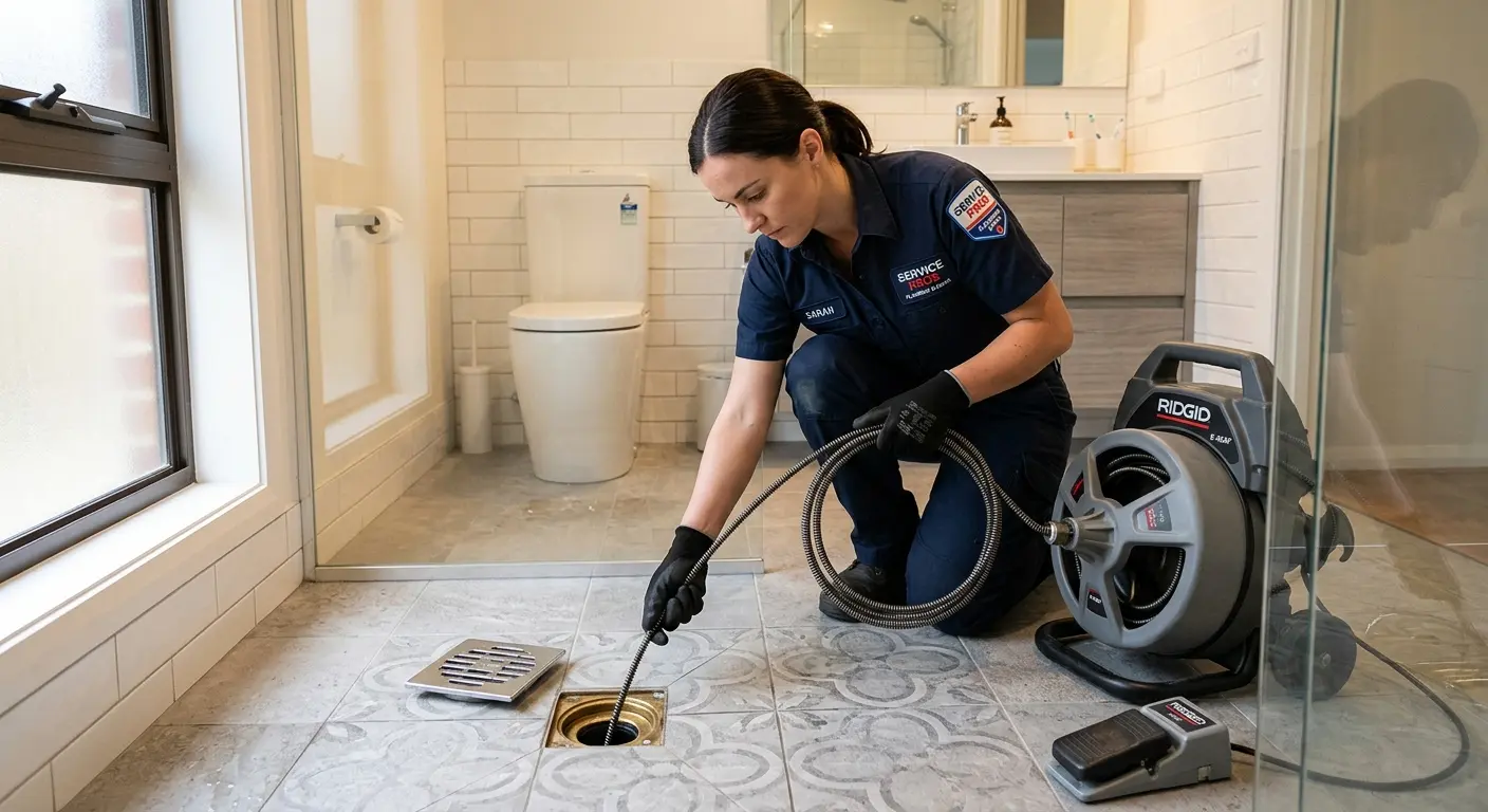 Technician clearing a bathroom floor drain for Drain Cleaning in Walworth